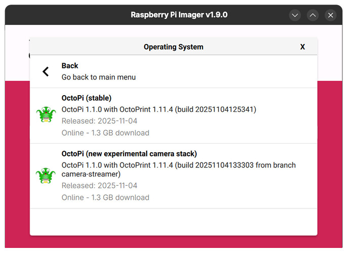 Screenshot of Raspberry Pi Imager v1.9.0 showing the available OctoPi images