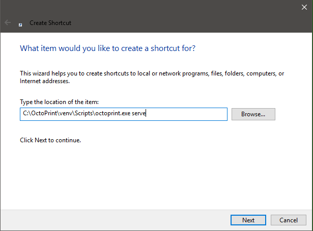 Creating a shortcut for starting the server