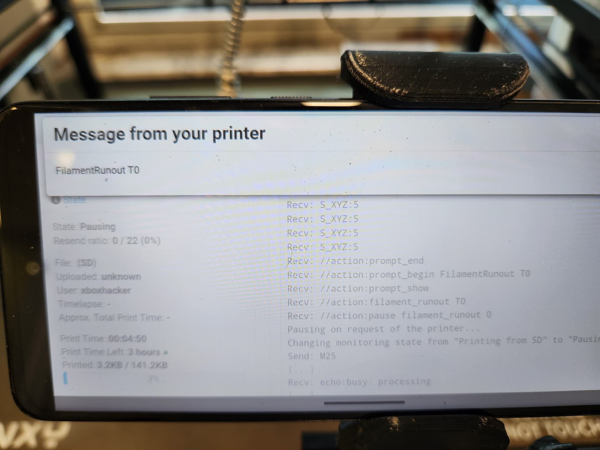 After Filament Runout Sensor was triggered, gives &ldquo;State 